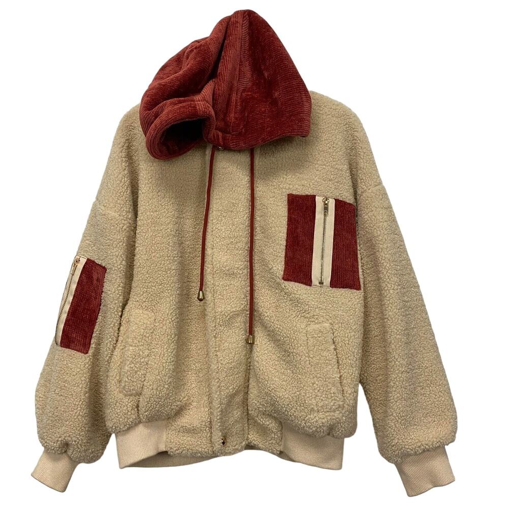 J.O.A Womens Faux Fur Patched Pocket Zip Hooded Teddy Coat Light Coffee Small